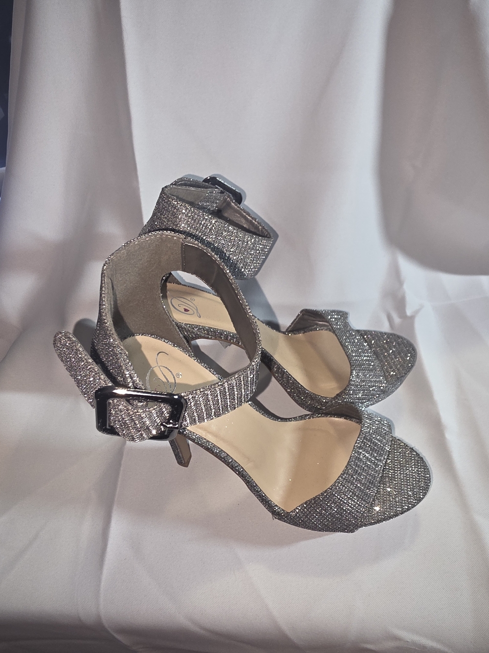 Sparkle Ankle-Strap High Heels - Silver Glitter